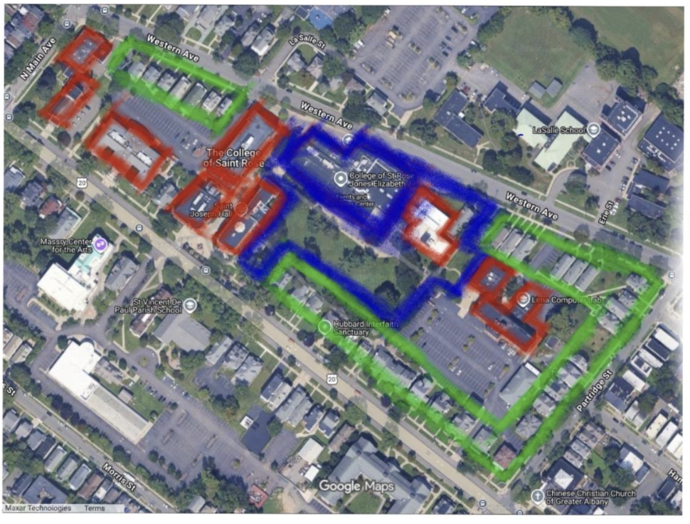 Aerial Google Maps view of the College of Saint Rose campus with buildings color-coded — red for instruction, green for housing and flex space, blue for community gathering and campus center.