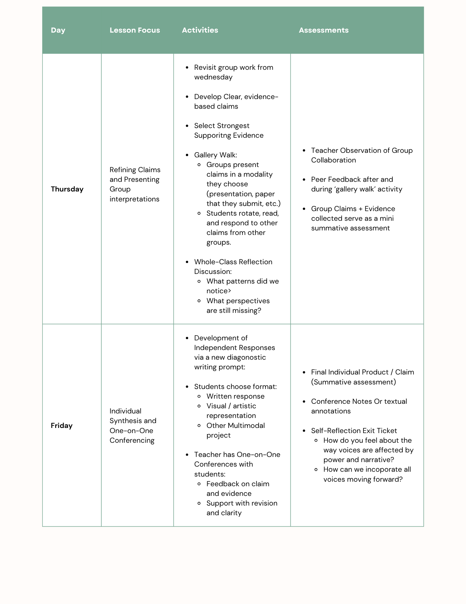 Thursday through Friday lesson schedule showing daily lesson focus, activities, and assessments — from refining group claims and gallery walk presentations to individual synthesis and one-on-one teacher conferences