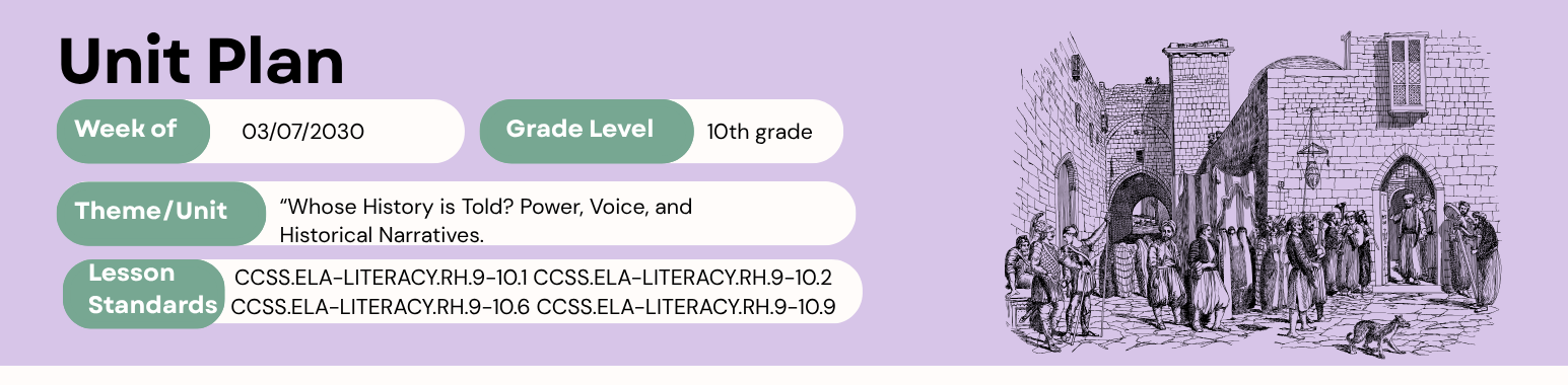 Unit plan header for 'Whose History is Told? Power, Voice, and Historical Narratives' — 10th grade, week of 03/07/2030, with CCSS ELA-Literacy standards